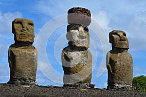 Moais in the ceremonial platform Ahu at Tongariki beach, Rapa Nui Easter island