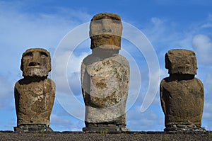 Moais in the ceremonial platform Ahu at Tongariki beach, Rapa Nui Easter island