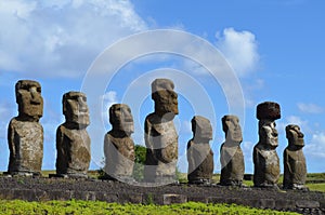 Moais in the ceremonial platform Ahu at Tongariki beach, Rapa Nui Easter island