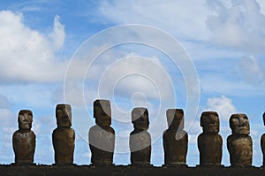 Moais in the ceremonial platform Ahu at Tongariki beach, Rapa Nui Easter island