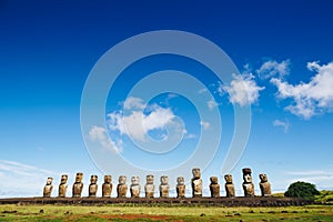 Moais statues on Ahu Tongariki - the largest ahu on Easter Island. Chile