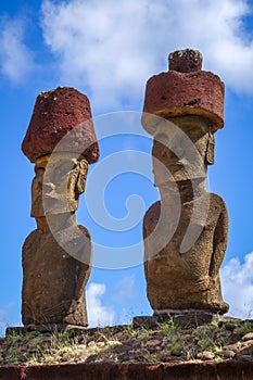 Moais statues site ahu Nao Nao on anakena beach, easter island