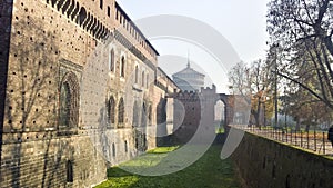 Moat and defensive tower from Sforzesco Castle