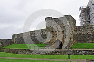 The moat and keep at Carlisle Castle, Carlisle, Cumbria, England, in April 2022.
