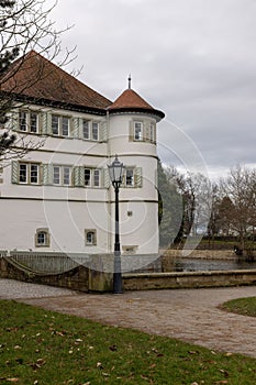 moated castle of Bad Rappenau in winter with moat and reflec