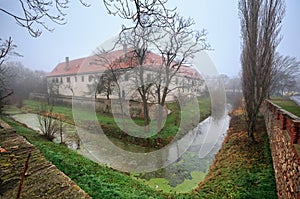 The moated manor house in the market town of Guntersdorf on a foggy winter day. Lower Austria.