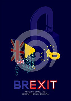 Mob of Man pictogram holding united kingdom flag exit from isometric lock with key unlock European Union EU flag, Brexit concept