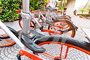 Mobike bicycles, Public bicycle parked in public area for tourists and people interested in borrowing to ride in the city and