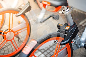 Mobike bicycles, Public bicycle parked in public area for tourists and people interested in borrowing to ride in the city and