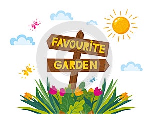 Concept design favourite garden illustration with wooden arrow and different plants, flowers. Lettering spring season photo
