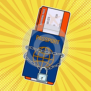 Lock with chain on the passport and plane tickets. Pop art retro vector illustrati photo