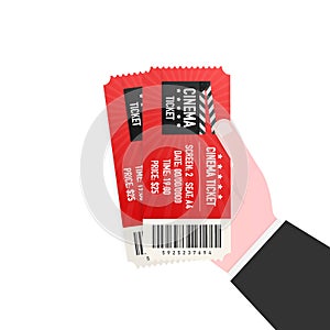 Hand holding two tickets. Cinema tickets. Vector illustration.
