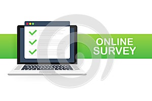 Online survey, checklist, questionnaire icon. Laptop, Computer screen. Feedback business concept. Vector illustration. photo