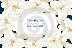 Botanical wedding invitation card template design, white line lily flowers with frame.