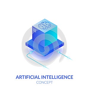 Concept of artificial intelligence. Machine mind in the form of a cube. Processing a large amount of data. The virtual reality.