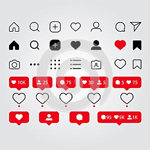 Set of social media icons inspired by Instagram: like, follower, comment, home, camera, user, search. Vector illustration with whi photo