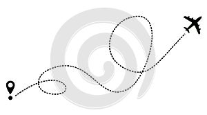 Airplane line path vector icon of air plane flight route with start point and dash line trace