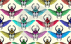 Seamless pattern with goliath beetle. Vector