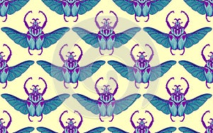 Seamless pattern with goliath beetle. Vector