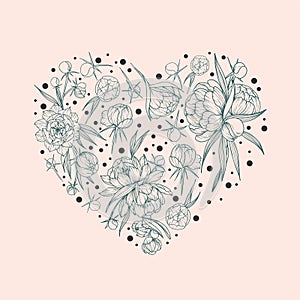 Vector monochrome floral background with peonies  illustration Hand drawn heart shape flower image
