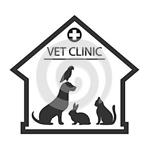 Veterinary clinic logo with the image of a dog, cat, rabbit and parrot on a white background