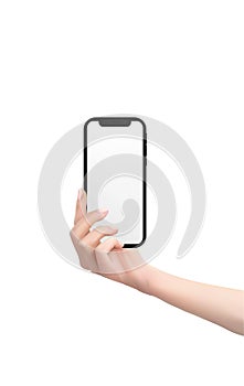 Realistic hand holding black smartphone isolated on white background, vector