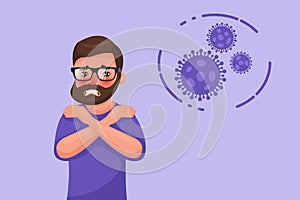 Cartoon hipster bearded young man with coronavirus chills symptom. Flat style character vector photo
