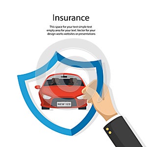 Hand with shield and car simple flat style isolated on white