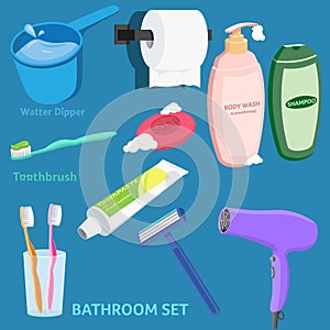 Bathroom Set Object Toothbrush, Soap, Shampoo, Toothpaste, Water Dipper,Hand Wash, Tissue, Shave Razor, Hair Dryer Illustration