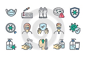 Virus and Coronavirus related color line icon set.