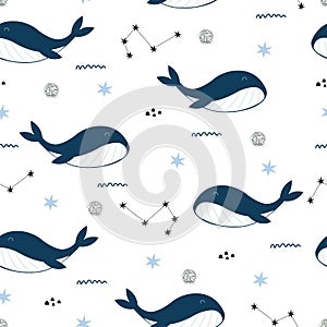 Blue whale seamless pattern Sea animal background