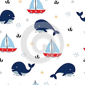 Seamless pattern The sea background with whale and boats Cute design