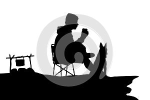 Relaxing man is resting with his dog silhouette vector