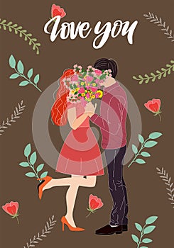 Beautiful elegant couple kissing for a bouquet, on a brown floral background. Love you