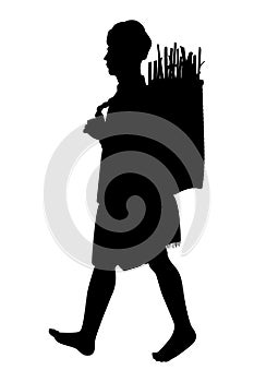 Young hill tribe man with firewood basket silhouette vector