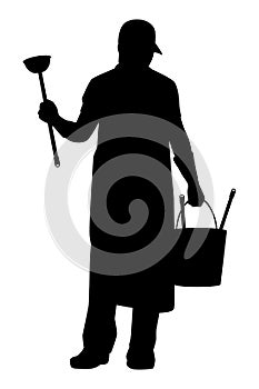 Male cleaning worker with tools silhouette vector