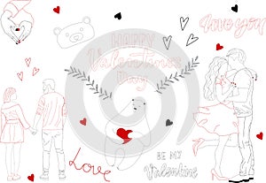 Set of hand drawn St. Valentine`s Day design elements. Heart, bear, text, hands, couples, love, be my valentine.