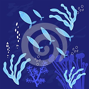 Fish on the sea floor vector stock illustration. Wild marine animals in ocean.