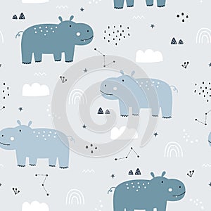 Seamless pattern Cartoon animal background with hippo and sky Simple design, hand-drawn in children`s style photo