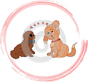 Two cartoon dogs in love in circle.