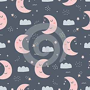Seamless pattern night sky with crescent moon and clouds Hand drawn design in cartoon style