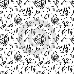 Vector seamless pattern from different drawn decorative elements, branches, nature