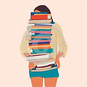 The girl is holding a huge stack of books.