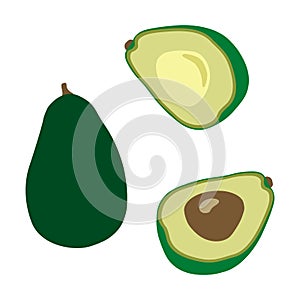 Avocado set whole and half. Green avocado with seeds. Fruit isolated on a white background.