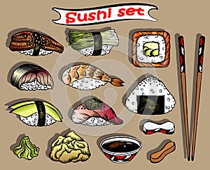 Vector illustration of sketch hand drawn set of sushi menu. Japanese, Chinese, Korean, asian food