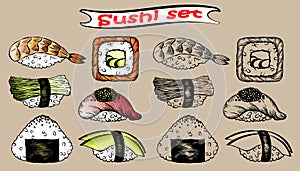 Vector illustration of sketch hand drawn set of sushi menu. Japanese, Chinese, Korean, asian food