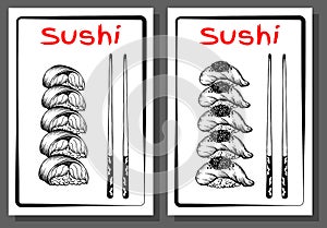 Vector illustration of sketch hand drawn set of sushi menu for restaurant, cafe, shop. Japanese, Chinese, Korean, asian food