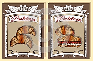 Vector illustration of sketch hand drawn poster with croissants. Vintage bakery background. Croissant with strawberry. photo