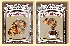 Vector illustration of sketch hand drawn poster with croissants. Vintage bakery background. Croissant with chocolate. photo