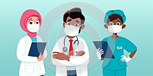 Diverse group of doctors and anesthesiologist, surgeon with face masks photo